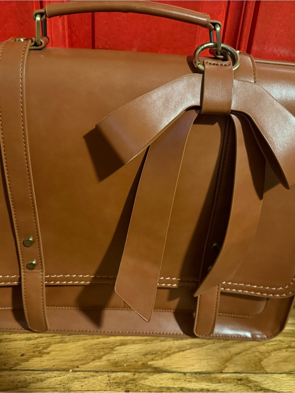 Tan Leather Briefcase/ Laptop Satchel with Bow Accent